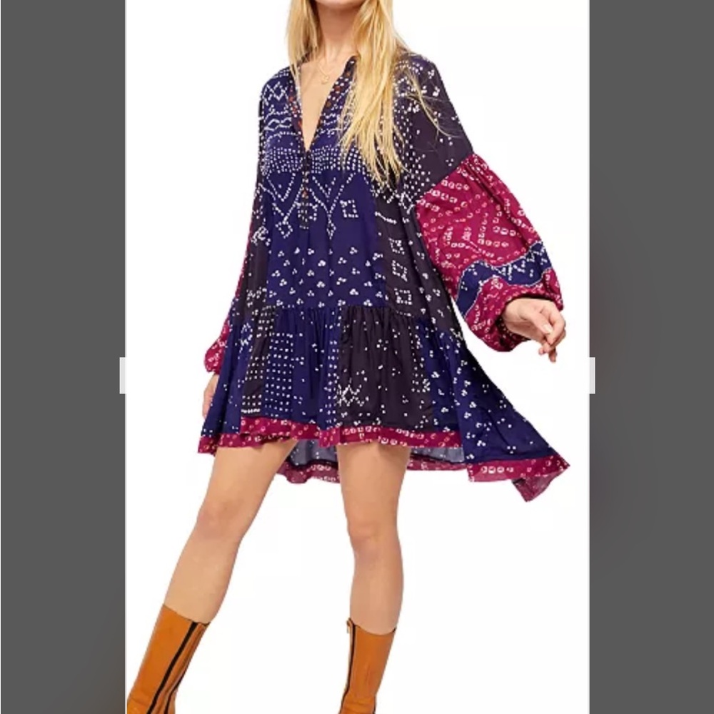 Free People Shibori Long Sleeve Tunic Dress in blue and pink size M